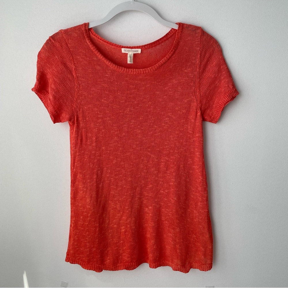 Womens Eileen Fisher Linen Blend Knit Orange Short Sleeve Top Size S/P